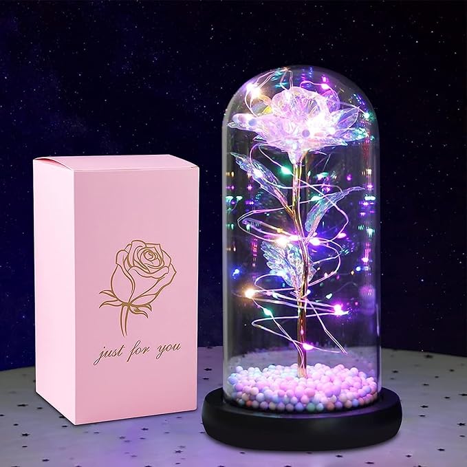 Artificial Tulips in Crystal Box, Galaxy Glass Rose Flower with LED Light Great Gift Ideas for Valentine's Day Delhi Mart